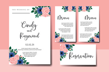 Wedding invitation frame set, floral watercolor hand drawn Rose With anemone Flower design Invitation Card Template