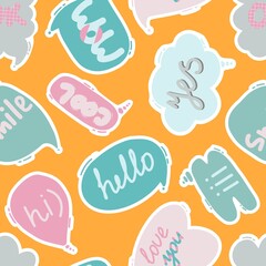 Vector Q pattern with clouds and hearts with inscriptions. Colorful fashion letters of different shapes. Seamless pattern for printing on fabric.