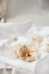 Close-up of garlic on a white tablecloth. Home plant growing, cooking and spices. Sunlight and trending hard shadows. High quality photo