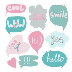 Vector clouds and hearts with inscriptions. Colorful fashion letters in various shapes. Creative freehand drawing kit. All elements are isolated