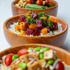 poke bowls with vegetables and protein