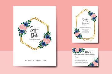 Wedding invitation frame set, floral watercolor hand drawn Rose With anemone Flower design Invitation Card Template