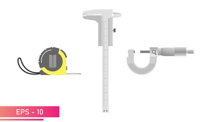 Measuring instruments, tape measure, caliper and micrometer are smooth. Realistic design. On a white background. Tools for the specialist. Flat vector illustration.