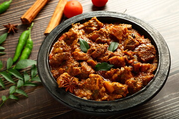 Indian meat curry roast, korma, homemade spicy non vegetarian dish. - obrazy, fototapety, plakaty