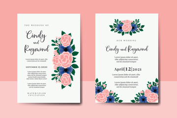 Wedding invitation frame set, floral watercolor hand drawn Rose With anemone Flower design Invitation Card Template