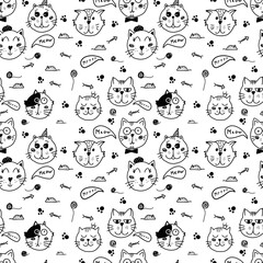 Faces of funny cats on white background.Linear black and white image in doodle style. Seamless pattern, design for clothing, fabric, wrapping paper and other products.