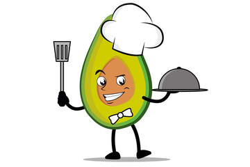Avocado Cartoon mascot or character as a chef holding the spatula and serving plate