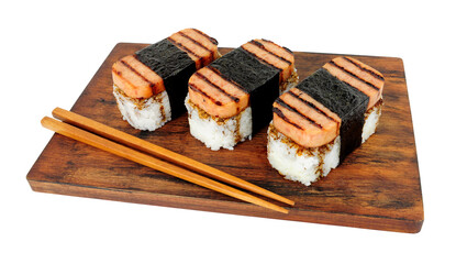 Spam musubi with grilled pork luncheon meat and sushi rice wrapped with roasted seaweed nori isolated on a white background