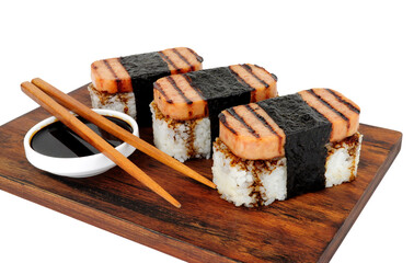 Spam musubi with grilled pork luncheon meat and sushi rice wrapped with roasted seaweed nori isolated on a white background - obrazy, fototapety, plakaty