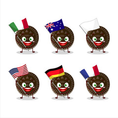 Chocolate biscuit cartoon character bring the flags of various countries