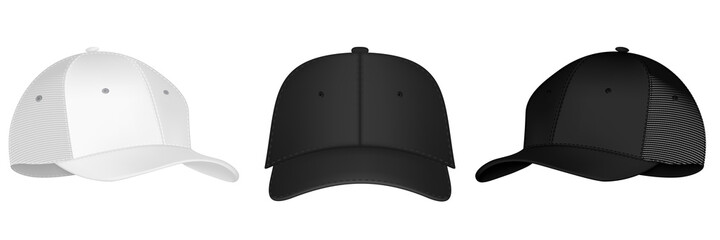 Vector baseball cap front and side view. Mockup isolated on transparent background. Uniform cap with front, back and right side view. Isolated vector illustrations set on white background. © LuxMockup