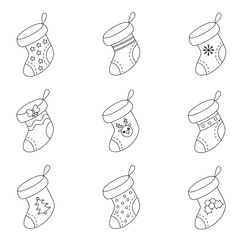 Set of black and white Christmas socks. Vector illustrations.