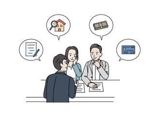 ビジネス、不動産、投資の相談をする中高年の夫婦　融資　審査　ミドル　イラスト素材