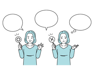 正解と間違いの棒を持つ中高年の女性　ミドル　〇×クイズ　イラスト素材