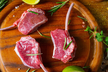 Raw Fresh Lamb Chops Wooden Cutting Board