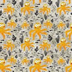 Funny yellow octopus on a gray background. Natural seamless pattern . Illustration is hand-drawn with curved lines. Design for clothing, fabric and other items.