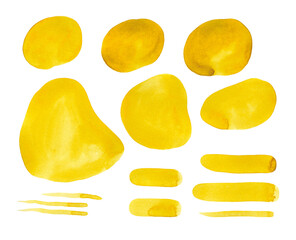 Yellow brush strokes. Watercolor stains. Background image. The design elements are made by hand with brush and watercolor paints on paper.
