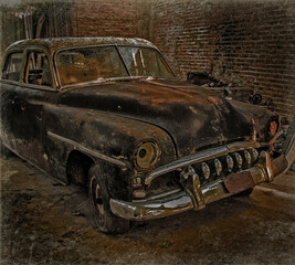 Photographic art of a destroyed, rusty and abandoned old car.