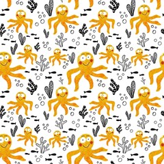 Funny yellow octopus on a white background. Natural seamless pattern . illustration is hand drawn with curved lines. Design for clothing, fabric and other items.