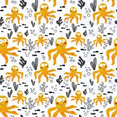 Funny yellow octopus on a white background. Natural seamless pattern . illustration is hand drawn with curved lines. Design for clothing, fabric and other items.