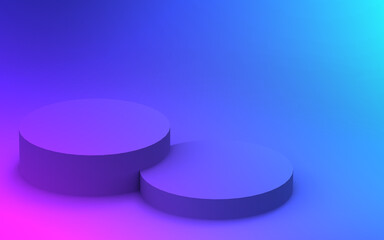 3d purple blue neon light cylinder podium minimal studio gradient dark colors background. Abstract 3d geometric shape object illustration render. Display for nightclub party and technology product.