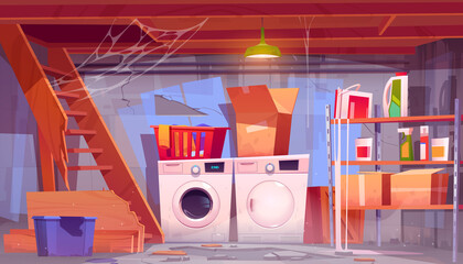 Storage room with laundry equipment in house basement. Vector cartoon interior of old home cellar with washing and dryer machine, dirty boxes on shelves, broken wooden stairs and spiderweb - obrazy, fototapety, plakaty