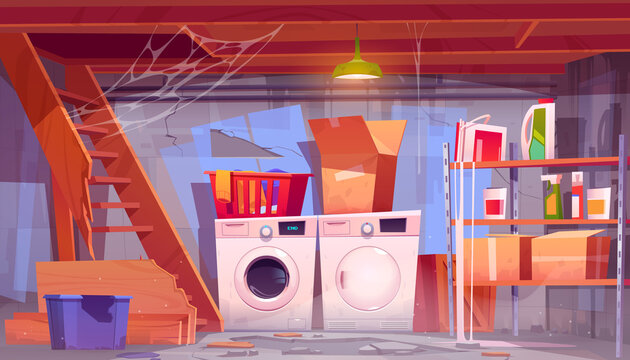 Storage Room With Laundry Equipment In House Basement. Vector Cartoon Interior Of Old Home Cellar With Washing And Dryer Machine, Dirty Boxes On Shelves, Broken Wooden Stairs And Spiderweb