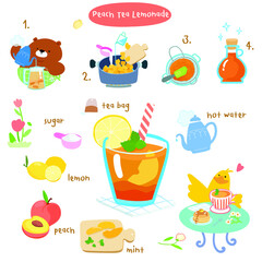 Cute Peach tea lemonade recipe vector illustration.