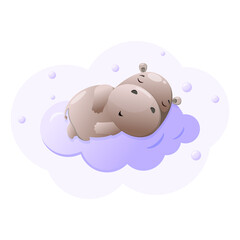 Cute sleeping hippo on a cloud. Children's animal illustration.