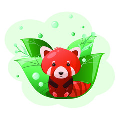 Cute red panda on a background of green leaves. Children's animal illustration.Forest.
