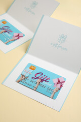 Gift cards on color background