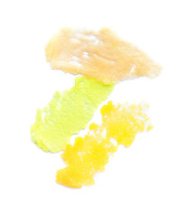 Samples of body scrub on white background