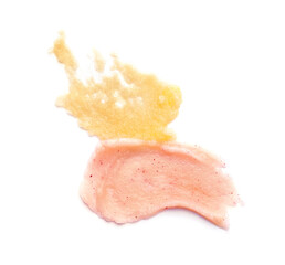 Samples of body scrub on white background