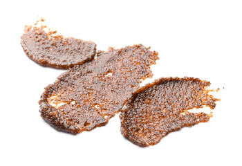 Samples of body scrub on white background