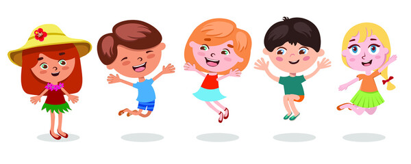 Cheerful happy children jump, rejoice in summer, successes, victories. Long banner. Funny cartoon characters. Isolated vector illustration on white background.