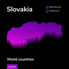 Stylized neon digital isometric striped vector Slovakia map with 3d effect. Map of Slovakia is in violet  and pink colors on the black background. 
