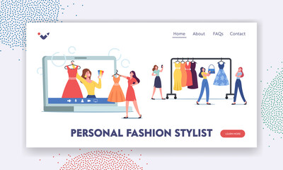 Female Characters Use Personal Fashion Stylist Online Service Landing Page Template. Wardrobe Consultant on Huge Laptop
