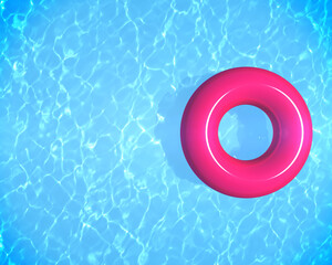 Summer time background with pink inflatable ring donut float in blue swimming pool and copy space for text, 3d rendering.