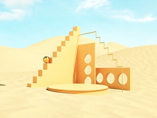 Abstract, architectural structure with arches and flying golden balls on sandy beach and sky background - 3D render with copy space. Modern minimal abstract illustration for advertising products.	
