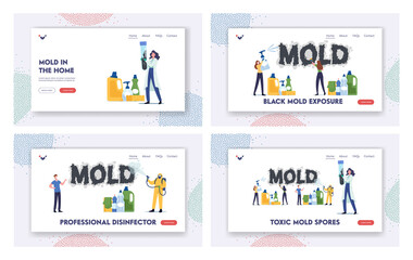 Fototapeta na wymiar Toxic Mold Spores Landing Page Template Set. Pest Control Workers Characters in Respirator Spraying Disinfectant