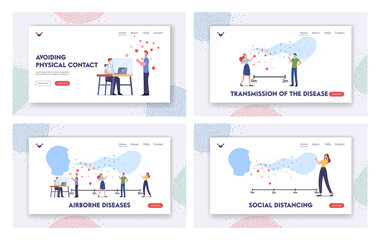 Airborne Disease, Virus Transmission Landing Page Template Set. Characters Visiting Public Place with Flying Germ Cells