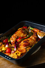 fried chicken legs with various vegetables