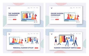Girl Character Use Personal Fashion Stylist Online Service Landing Page Template Set. Wardrobe Consultant on Huge Laptop