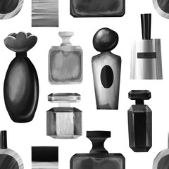 Beauty Seamless pattern: perfume, jar, vessel, perfume, makeup, beauty accessories, design elements, beauty salon, fashion, style.