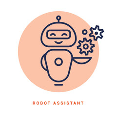 Robot assistant icon on line style. Android human assistant.