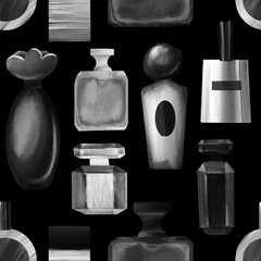 Beauty Seamless pattern: perfume, jar, vessel, perfume, makeup, beauty accessories, design elements, beauty salon, fashion, style.