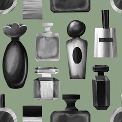 Beauty Seamless pattern: perfume, jar, vessel, perfume, makeup, beauty accessories, design elements, beauty salon, fashion, style.