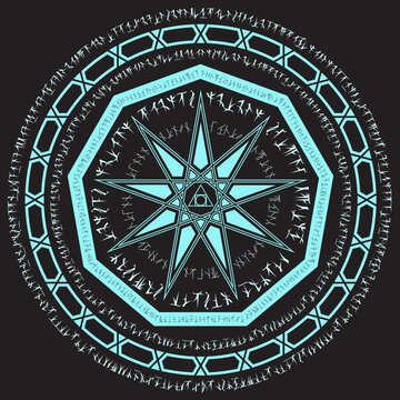 light blue nine star magic incantation circle with fantasy alphabets spell (named Fotonth) on black background