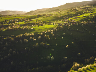 Spring landscape in Slovakia. Polana region, Hrinova. Green spring rural hills landscape, fields, flowering trees, organic farming © Zedspider