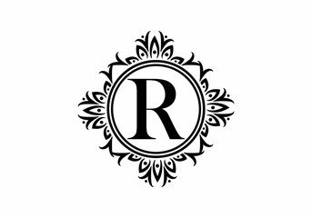 Black initial R letter in classic frame